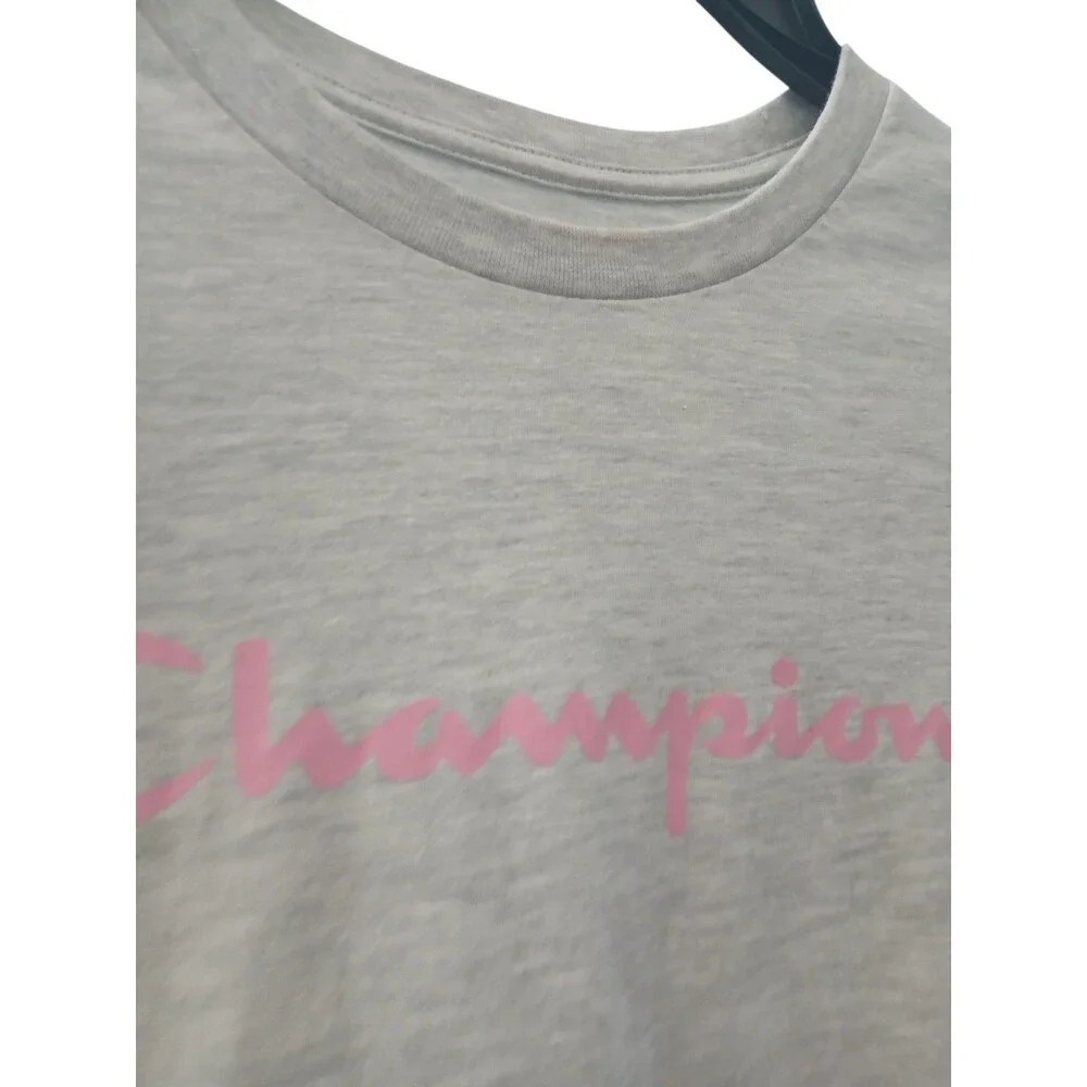 Champion Gray T Shirt Size L Pink Logo Casual Graphic Tee - Picture 3 of 5